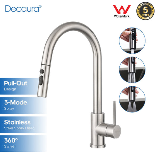 Decaura Kitchen Sink Mixer Tap Pull Out Brushed Nickel 3-Mode Spray Swivel