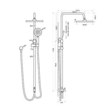 WELS 9" Rain Shower Head Set Separate Water Inlet Elbow Chrome Round Rail
