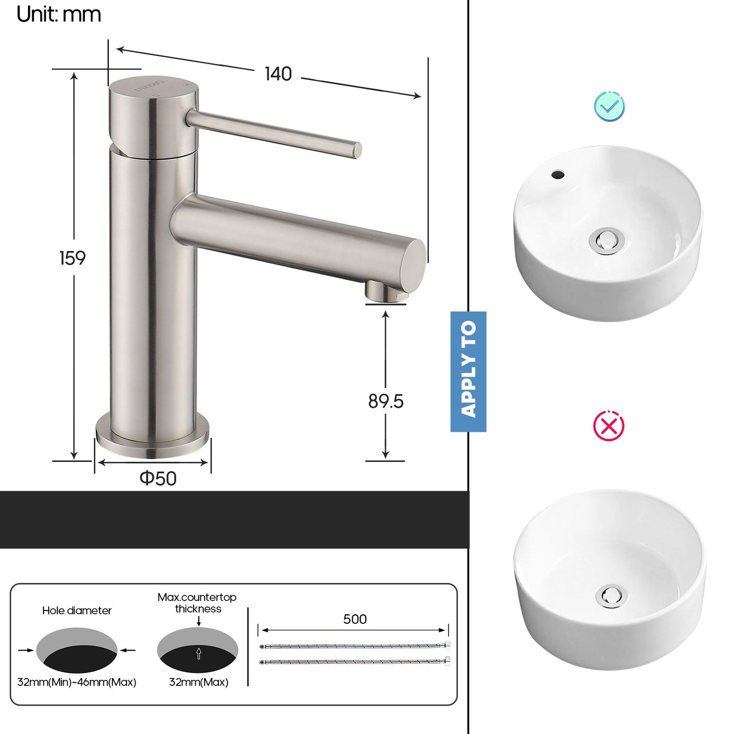 Decaura small Bathroom Basin Mixer Tap Round Taps Brushed Nickel Vanity Faucet