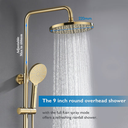 Decaura Shower Head Set Brushed Gold Round Rail Set Shower Mixer Tap Wall Mount