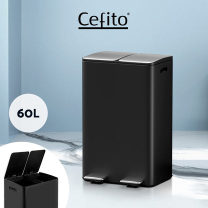Cefito Pedal Bins Rubbish Bin Dual Compartment Waste Recycle Dustbins 60L Black