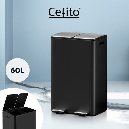 Cefito Pedal Bins Rubbish Bin Dual Compartment Waste Recycle Dustbins 60L Black