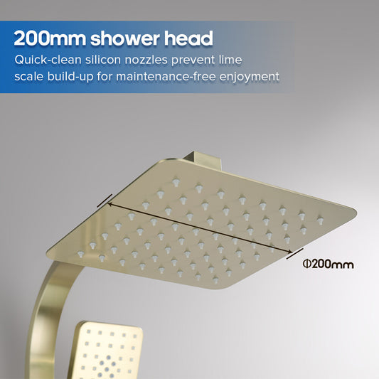 Decaura Brushed Gold Shower Head Set Square 20cm Rainfall 3-Mode Hand Held