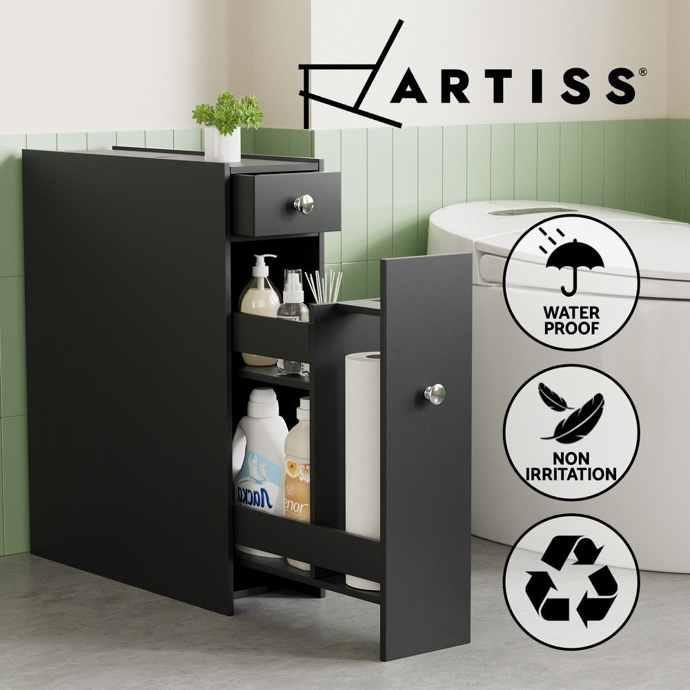 Artiss Bathroom Storage Cabinet Toilet Slim Tissue Box Caddy Side Wooden Black