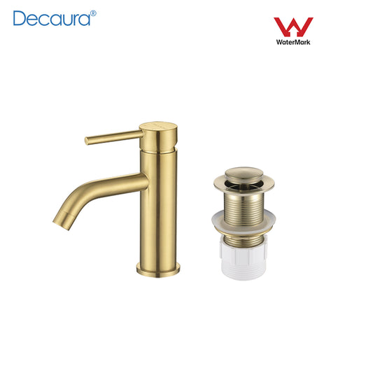 Decaura Brushed Gold Basin Mixer Tap and Pop Up Waste without Overflow Bathroom