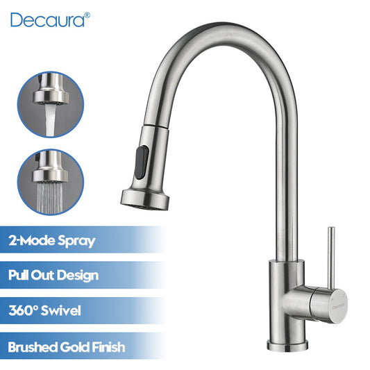 Decaura Kitchen Mixer Tap pull out Brushed Nickel 360° Swivel 2-Mode Spray