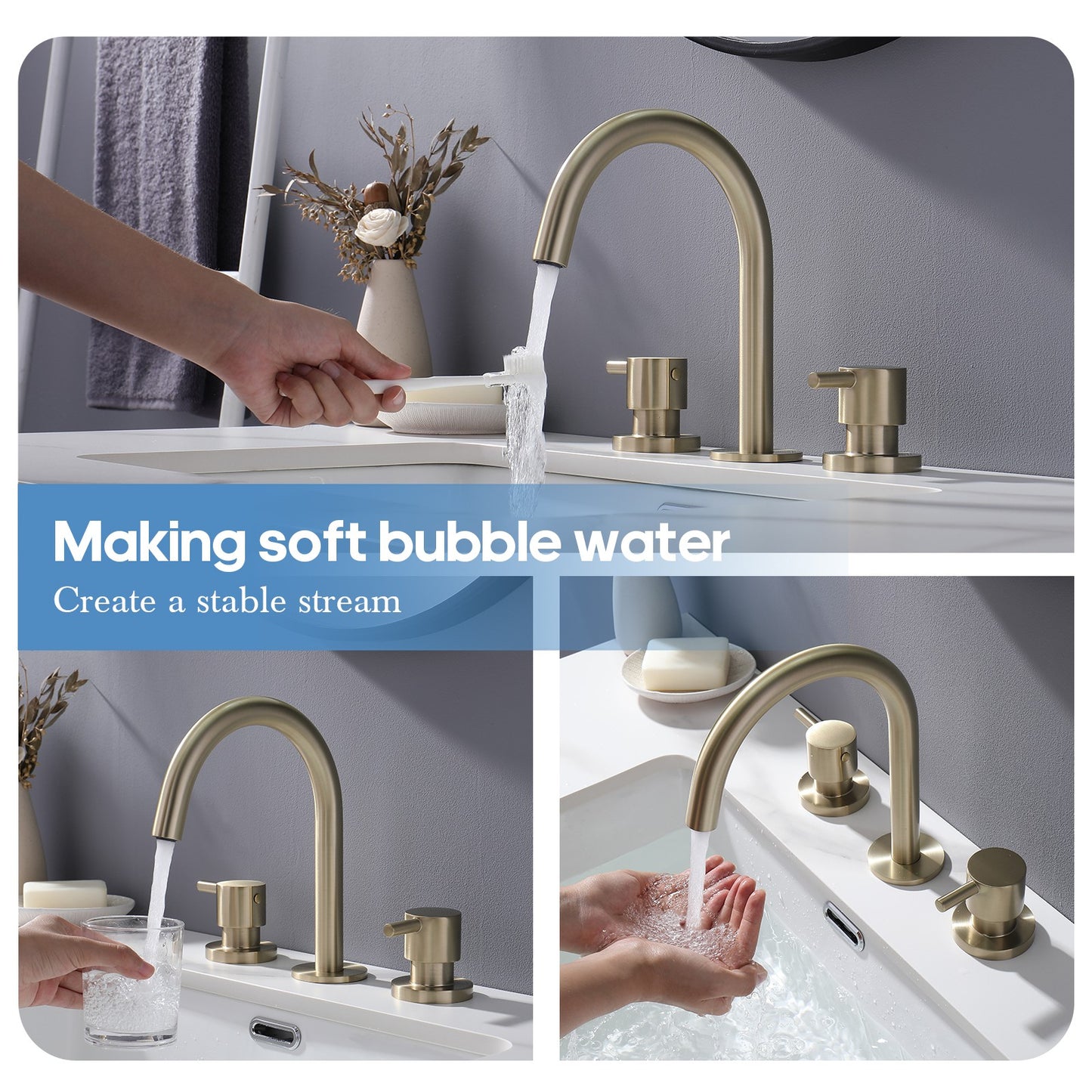 Decaura Basin Tap Set Brushed Gold Swivel Spout 1/4 turn Taps Two Lever Handle