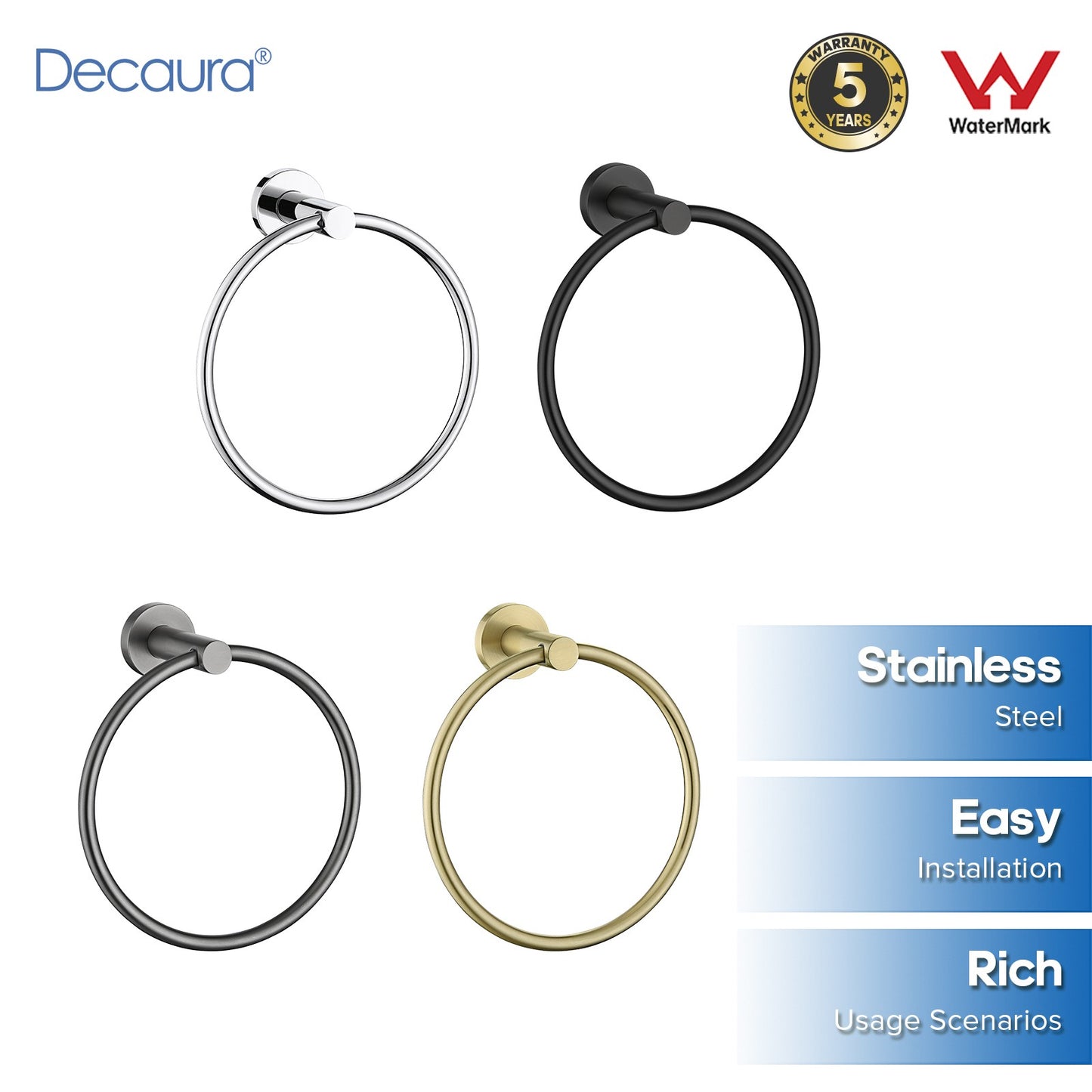 Decaura Bath Round SS304 Hand Towel Ring Rack Rail Holder Hanger Wall Mounted