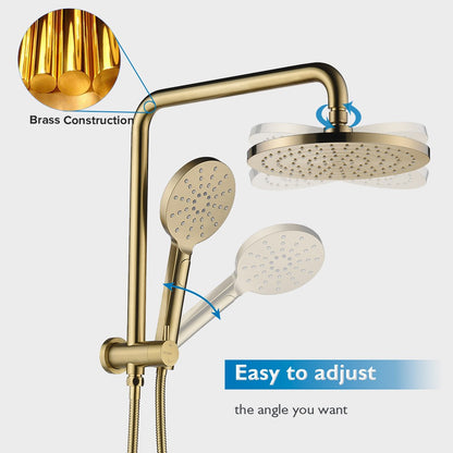 Decaura 9" Rain Shower Head Set Brushed Gold Gooseneck Arm 3-Mode Hand Held