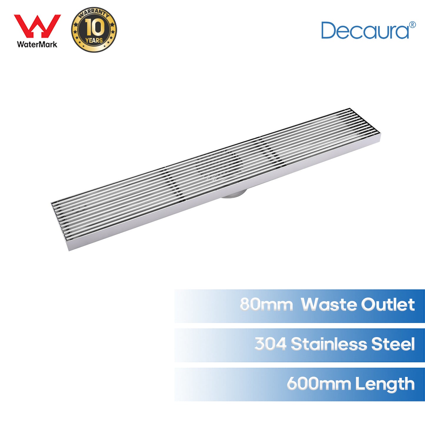 Decaura Shower Drain Grate Strip Linear Floor Waste 600mm Brushed Nickel