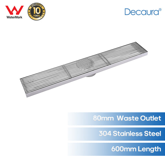 Decaura Shower Drain Grate Strip Linear Floor Waste 600mm Brushed Nickel