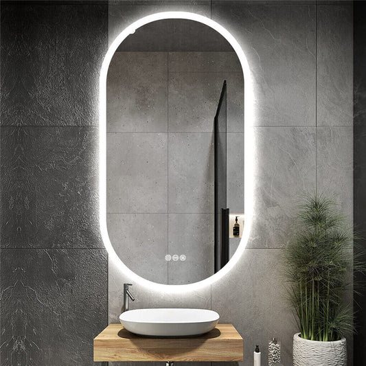 Oval Lighted LED Bathroom Mirror Pill Shaped Anti-Fog Smart Makeup Vanity Mirror