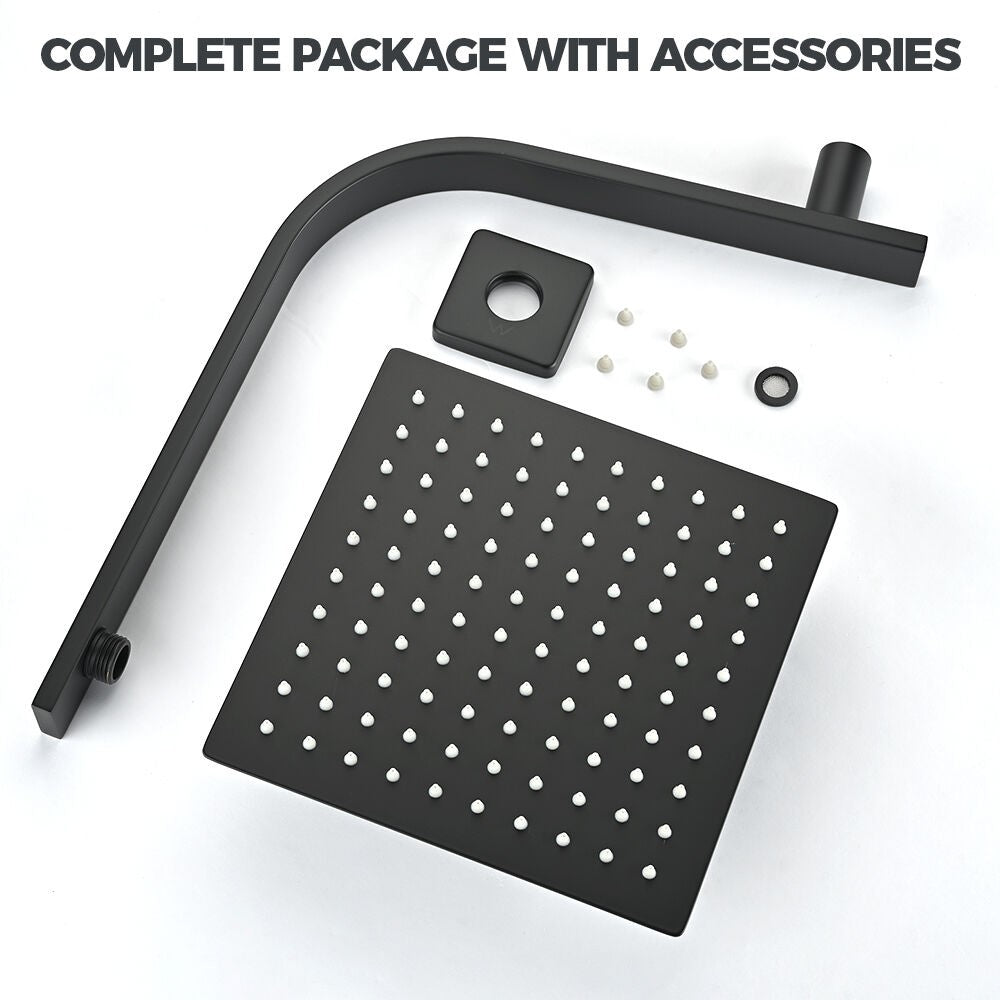 Simplus 8" Rain Shower Head Set Square Gooseneck Shower Arm Wall Mounted Black
