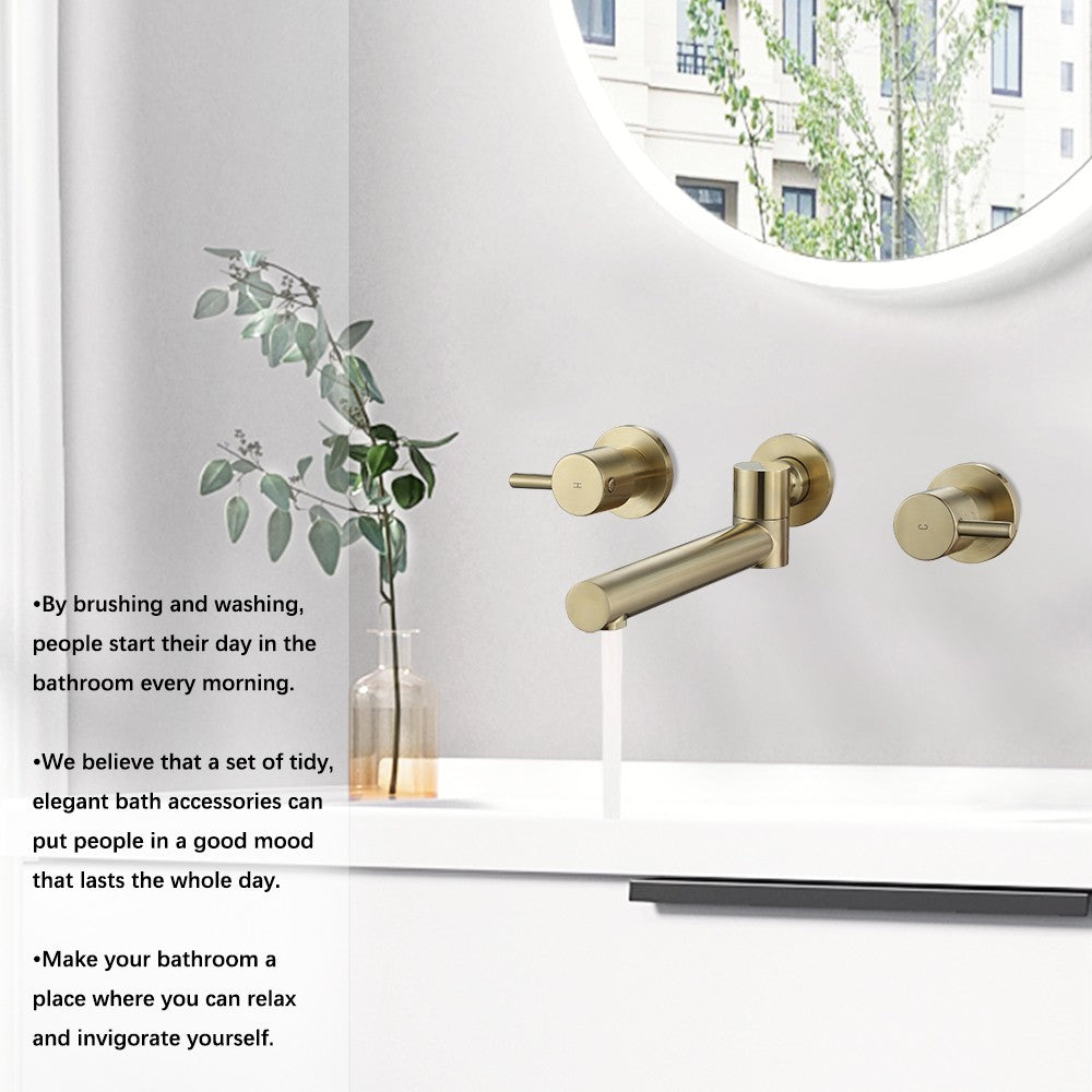 WELS Brushed Gold Swivel Bath Spout and Taps Set Wall Mounted Bathroom