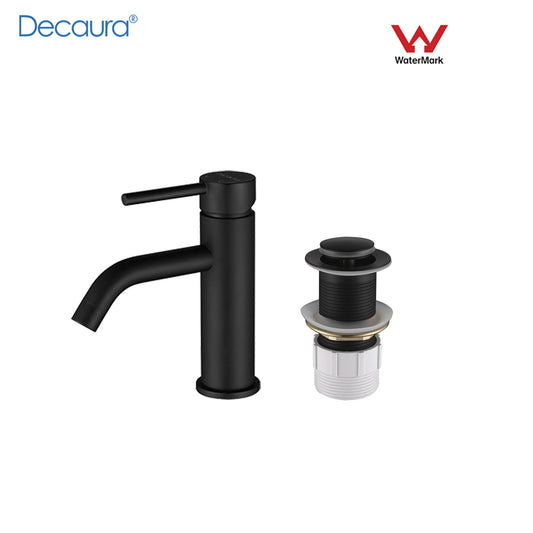 Decaura Basin Mixer Tap and Pop Up Waste without Overflow Matte Black Bathroom