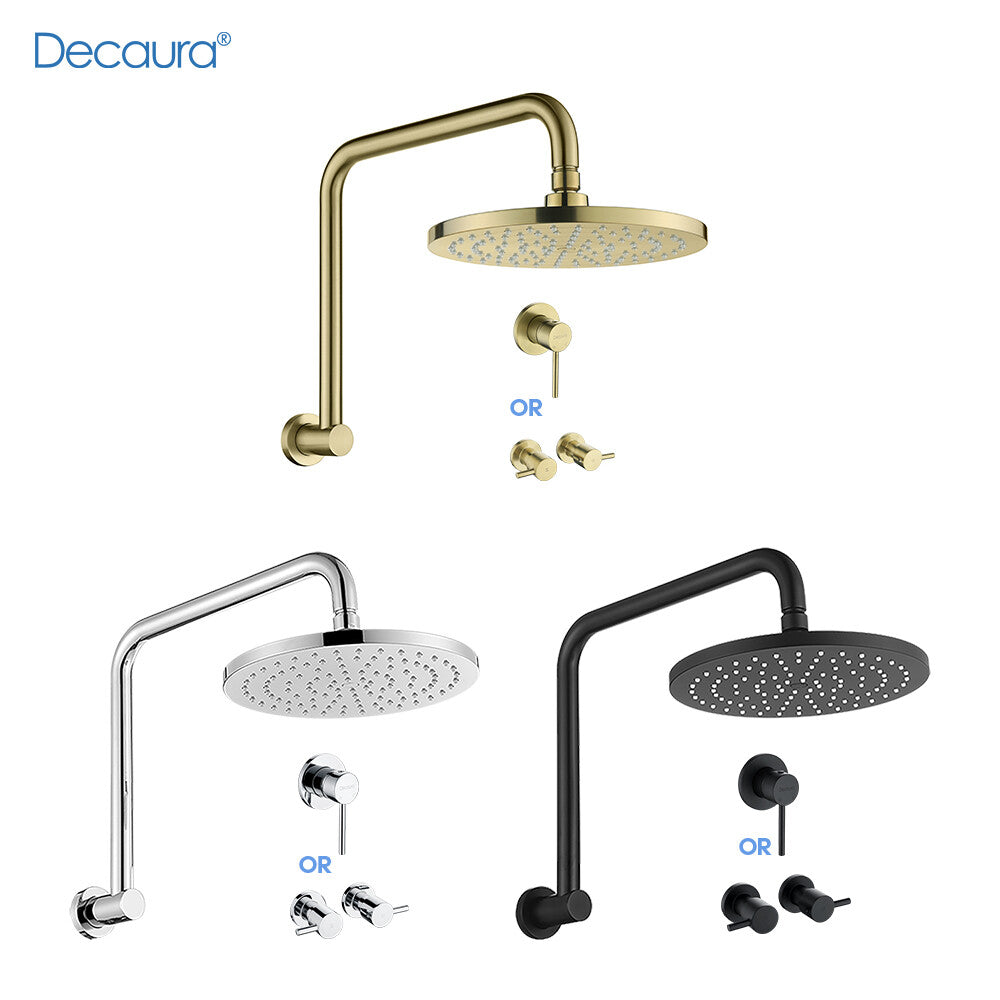 Decaura Chrome/Black/Golden 9" Rain Shower Head Set Gooseneck Arm Shower Taps