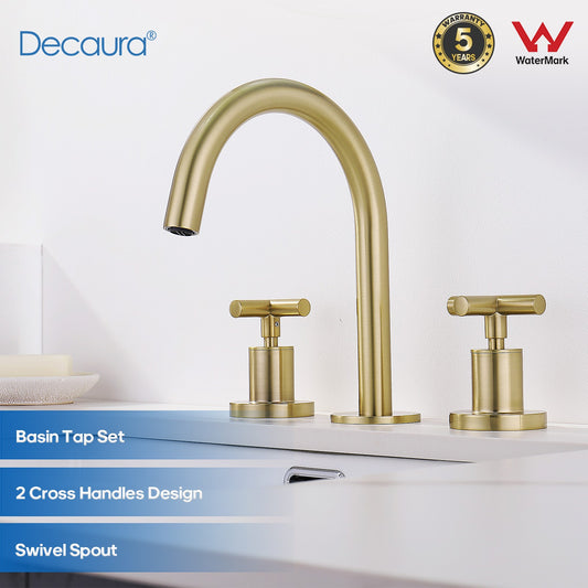 Decaura Basin Tap Set Brushed Gold Cross Handle 1/4 Turn Swivel Spout Bathroom