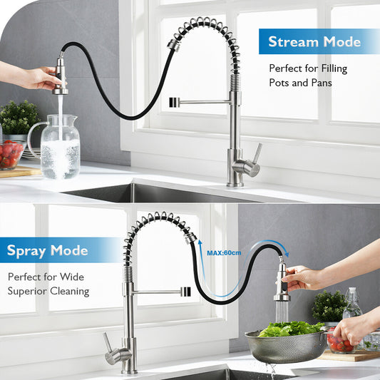 Kitchen Tap Brushed Nickel with pull out Spray 2-Mode Sink Faucet 360° swivel