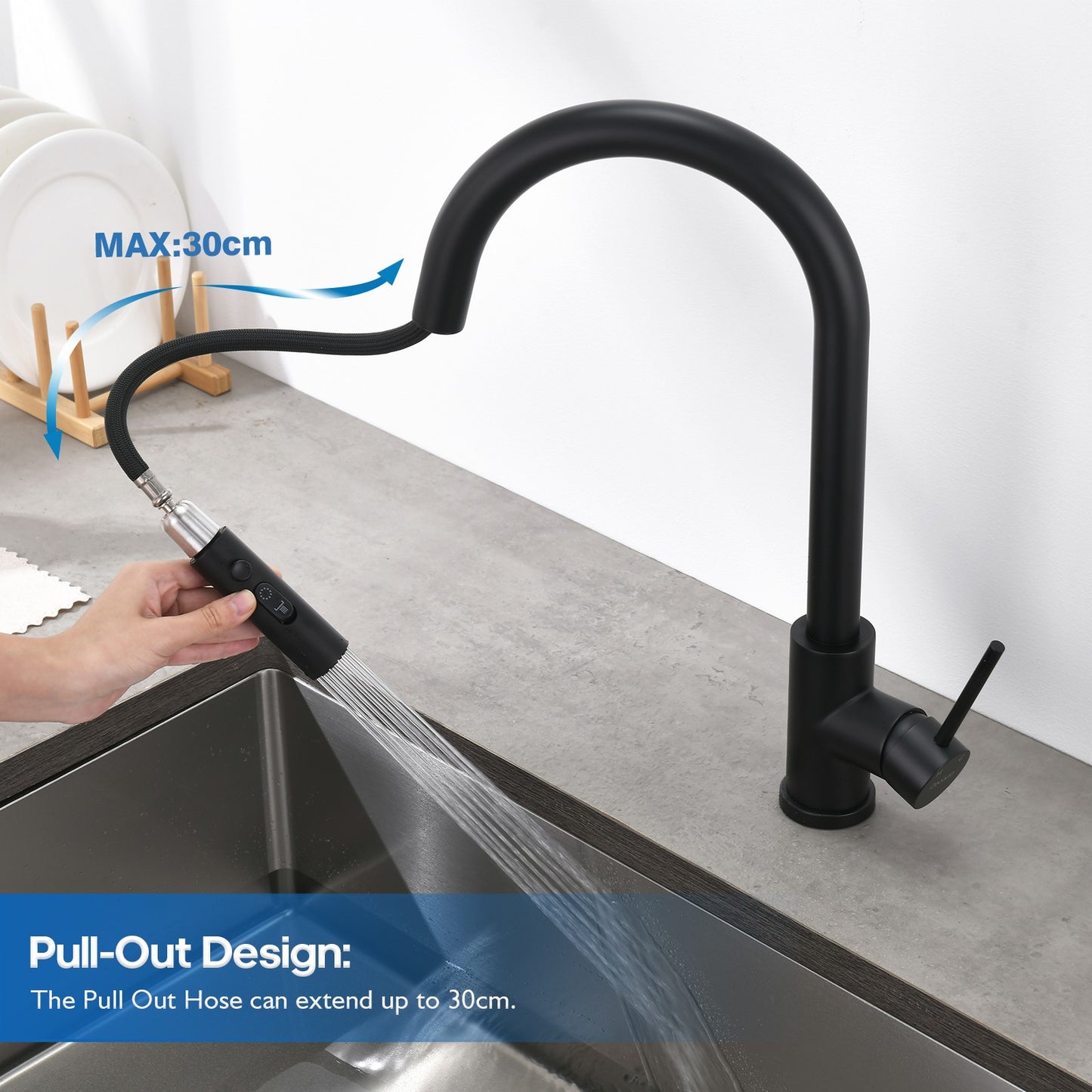 Decaura Kitchen Mixer Tap Pull Out Black 3-Mode Spray Head Sink Faucet Swivel