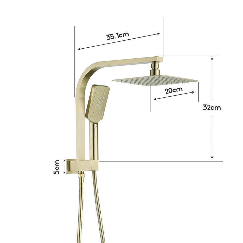 Decaura Brushed Gold Shower Head Set Square 20cm Rainfall 3-Mode Hand Held
