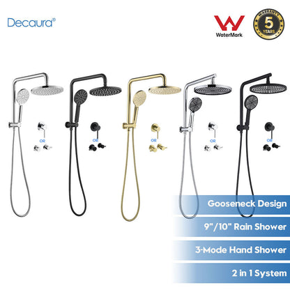 Decaura 9" or 10" Shower Head Set Gooseneck Chrome Black Golden Wall Shower Taps