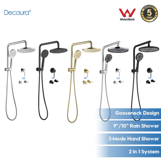 Decaura 9" or 10" Shower Head Set Gooseneck Chrome Black Golden Wall Shower Taps