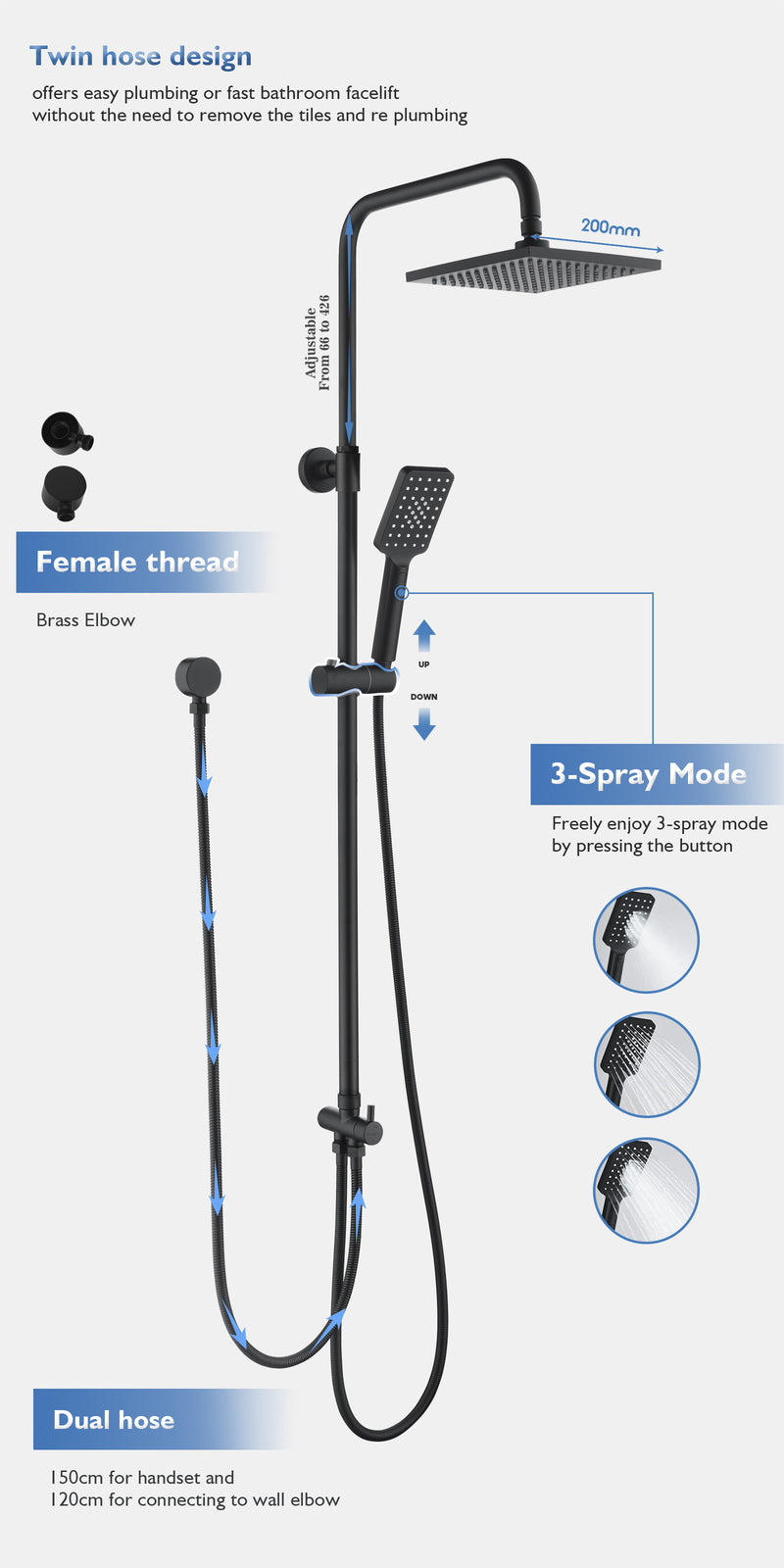 Decaura 8" 9" 10" Rain Shower Head Set Separate Water Inlet Wall Mixer Taps