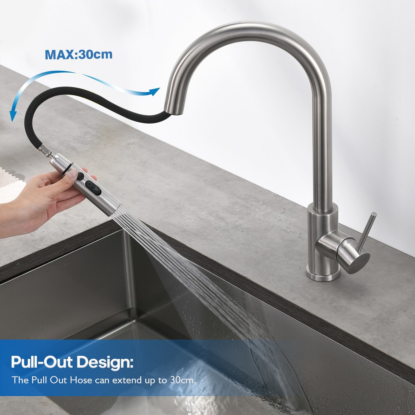 Decaura Kitchen Sink Mixer Tap Pull Out Brushed Nickel 3-Mode Spray Swivel